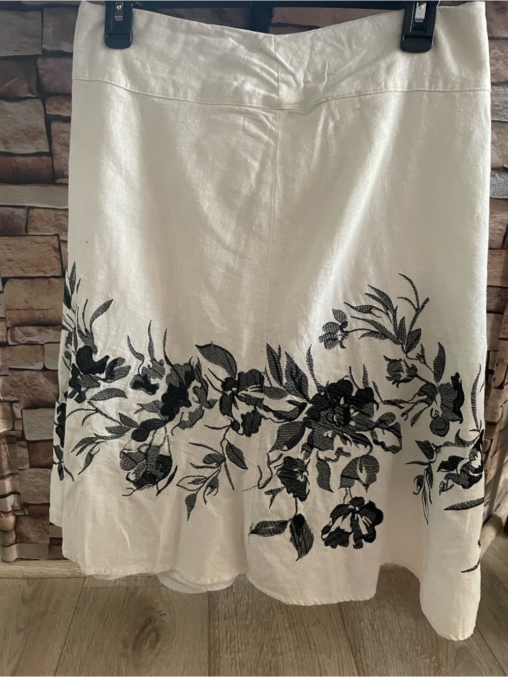 White A-Line Skirt with Black Floral Hem